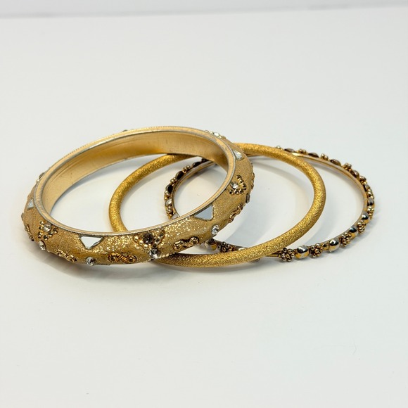 Vintage Jewelry - Luxe Gold Boho Bangles Rhinestone Glitter Textured Stackable Bracelets 3pc Set